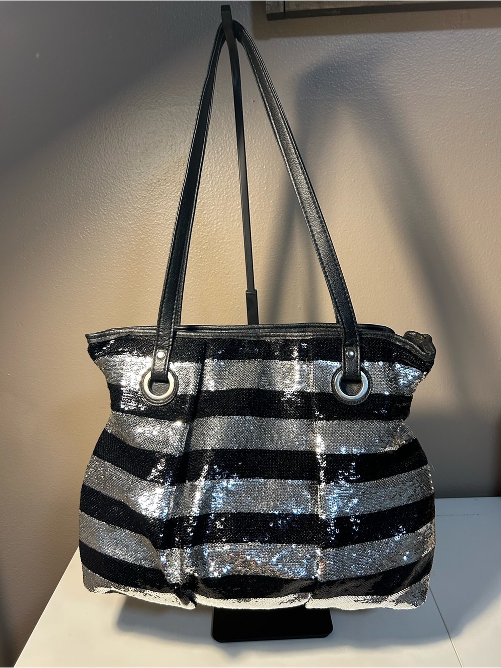 Candie's black and silver striped sequin purse tote Shoulder Bag Y2K